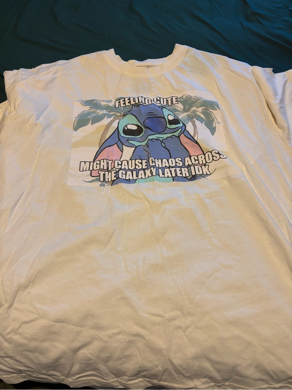 Disney White Tee with Blue & Teal Stitch Graphic - "Feeling Cute"